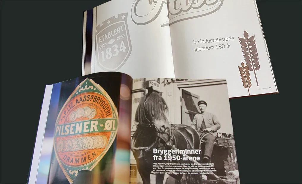 aass bryggeri jubileumsbok med bilder av øl